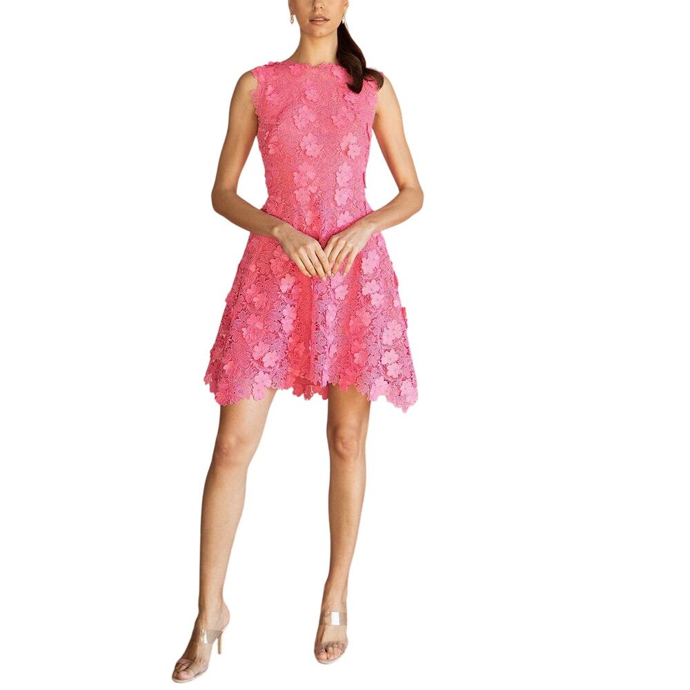 Monique Lhuillier Jewel Neck Guipure Flared Dress in French Rose 12